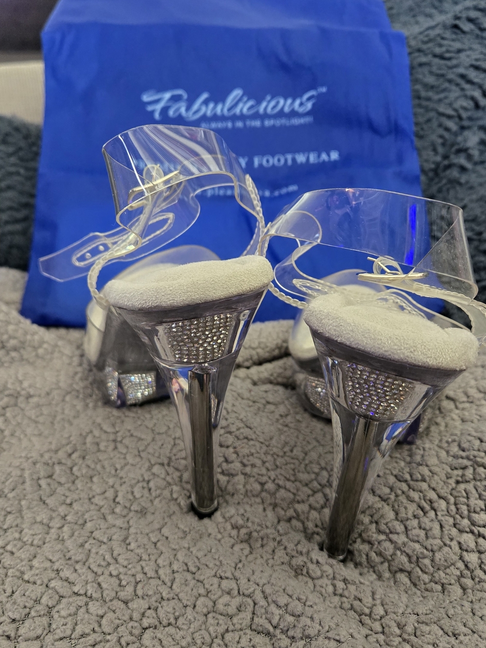 Fabulicious Clear Strap Platform Heels in Ivory with Rhinestone Trim - Picture 4 of 4